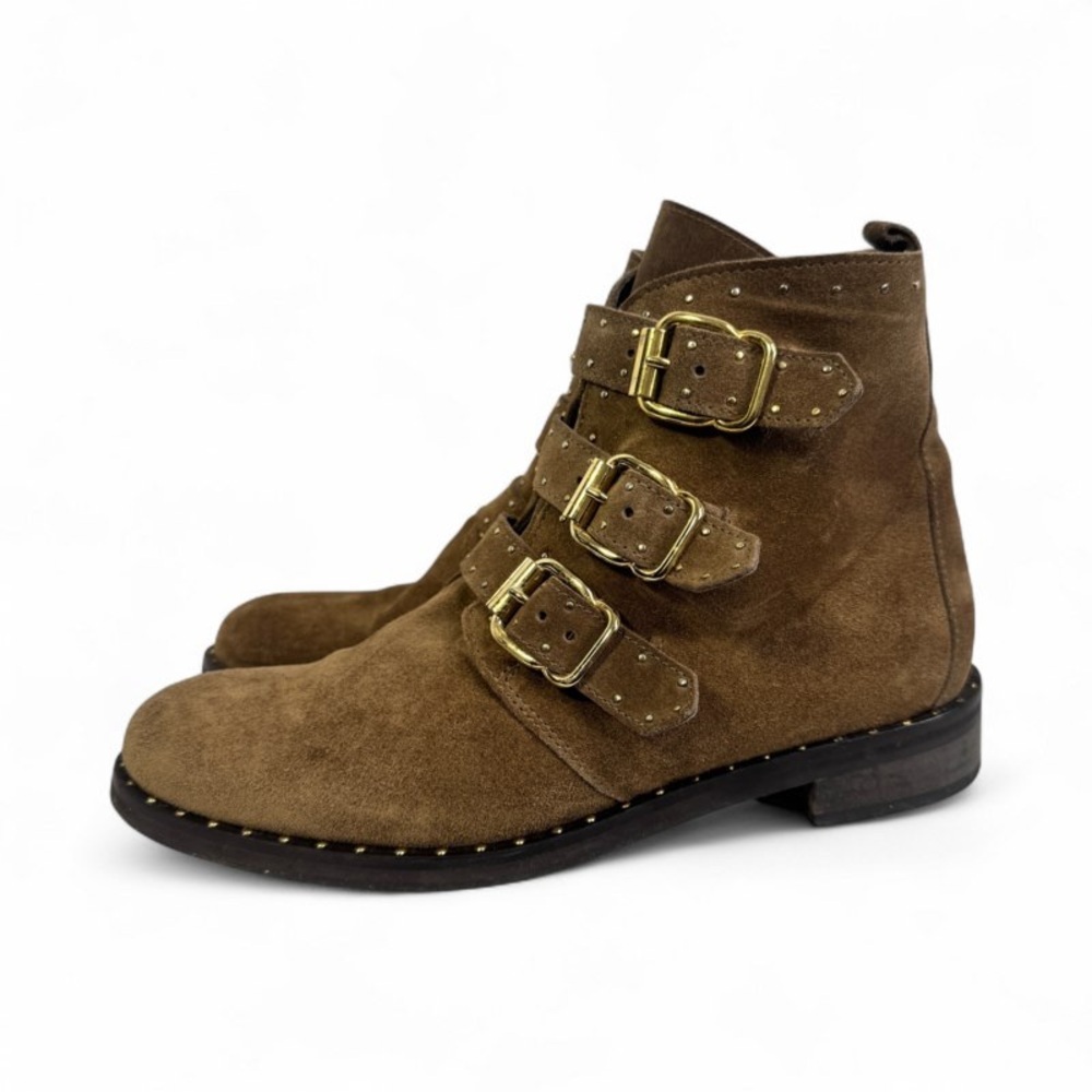 Minelli Brown Suede Studded Ankle Boots Buckle Moto EU 38 - Picture 4 of 13